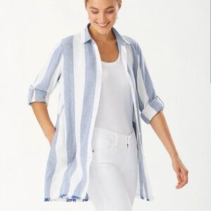 Tommy Bahama Rugby Beach Stripe Boyfriend Shirt Large linen